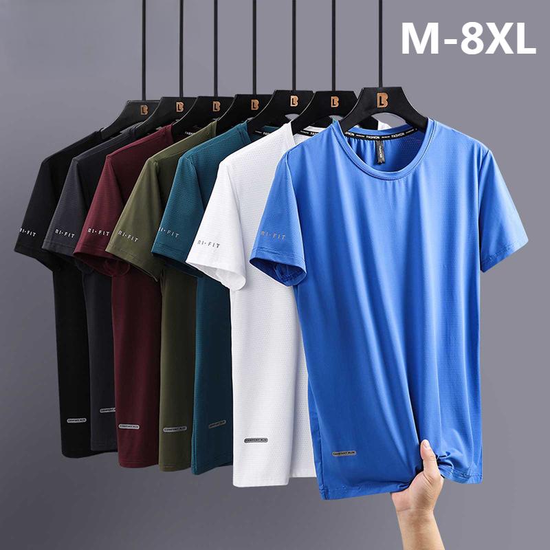 8XL Большие размеры Летние мужские ледяной шелк Быстросохнущие Спортивные с коротким рукавом Футболки Бег Тренировка Рубашки Эластичные Повседневные Дышащие С круглым вырезом Топ Футболка