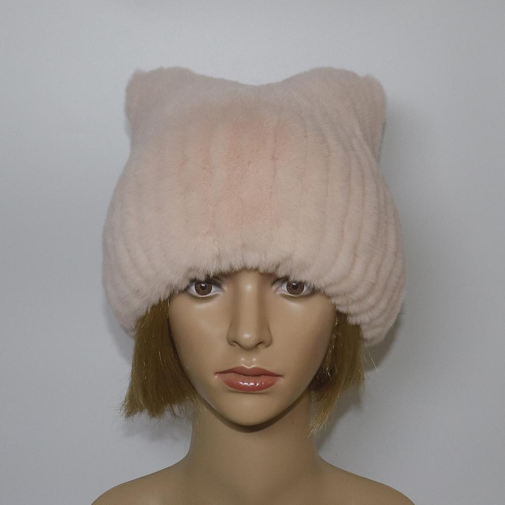 Зимняя модная меховая шапка для девочек, пушистая, теплая, из натурального меха кролика Рекс, шапки с кошачьими ушками, женская, толстая, хорошего качества, из меха кролика Рекс