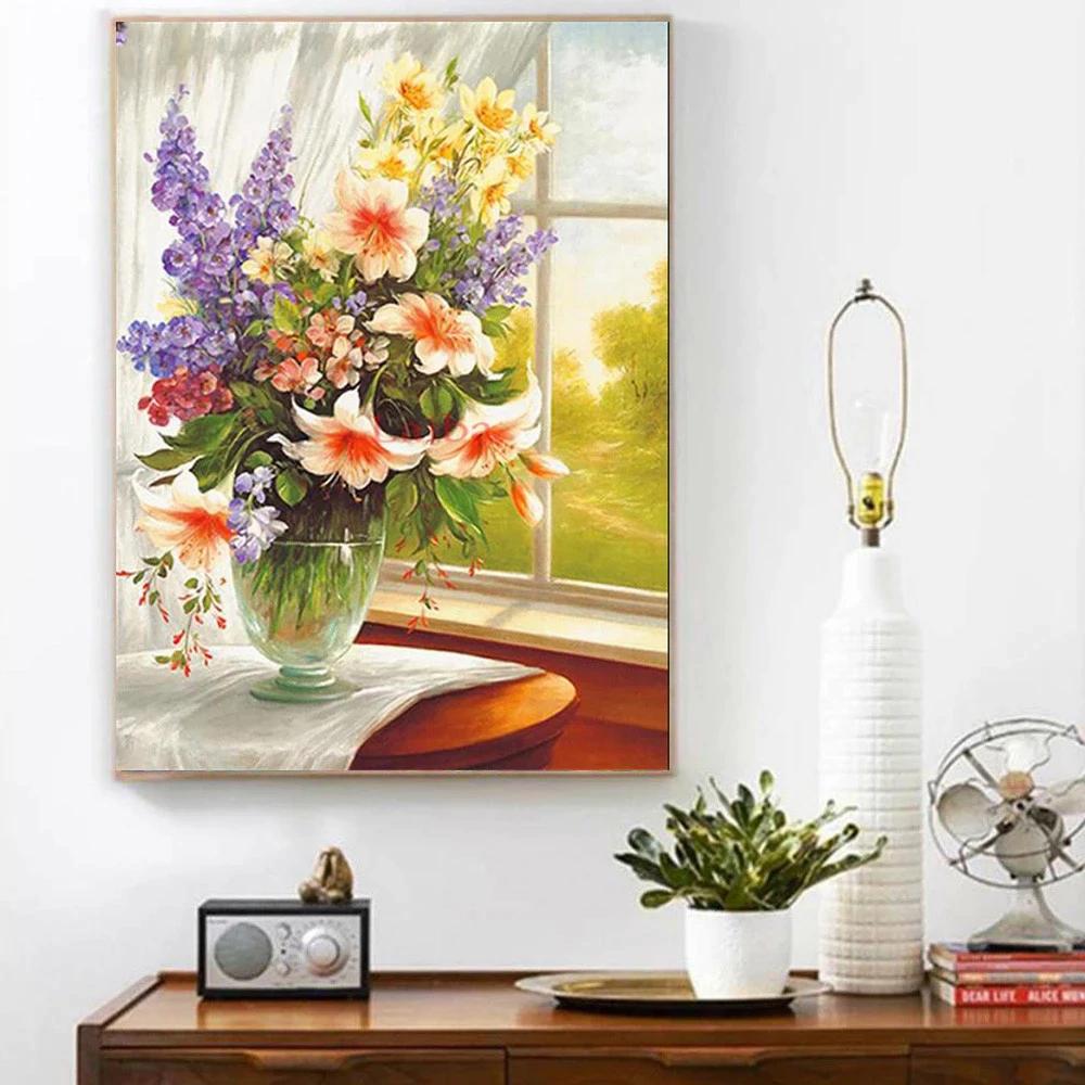 5D Алмазная картина Сиреневая вышивка Подсолнух Мозаика Дейзи Вышивка крестом Окно Домашнее искусство Настенный декор