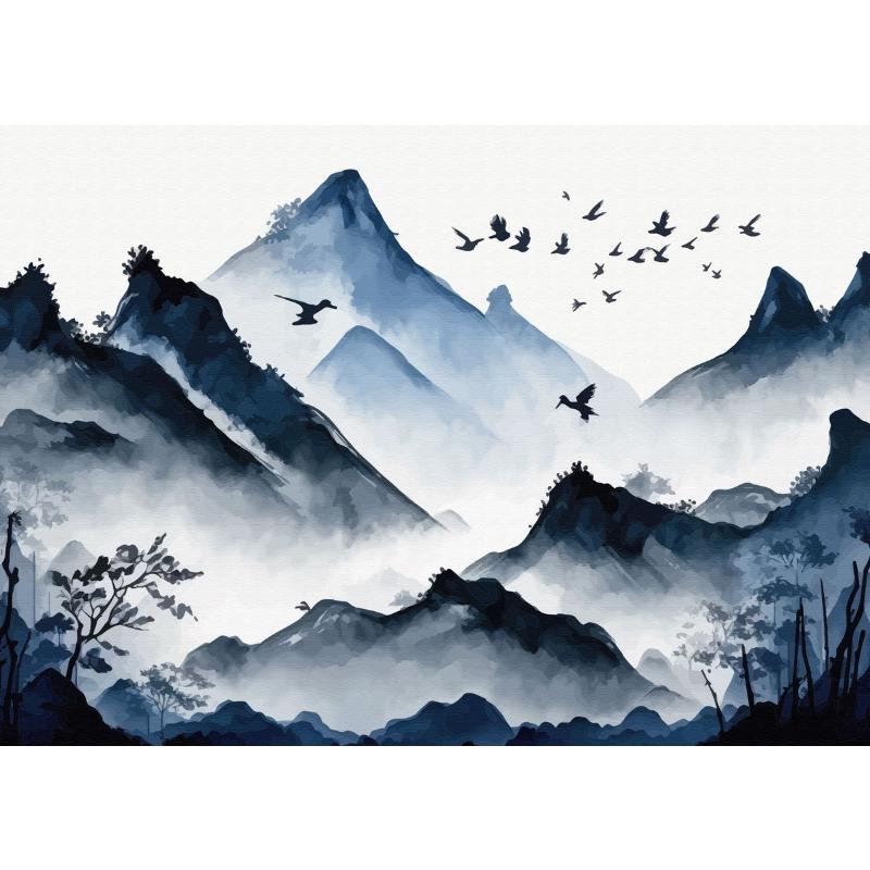 Китайский пейзаж Пара Птицы Лес Гора Река Кои Карп Рыба Искусство Плакат Печать Картина на холсте Настенная картина Декор для дома