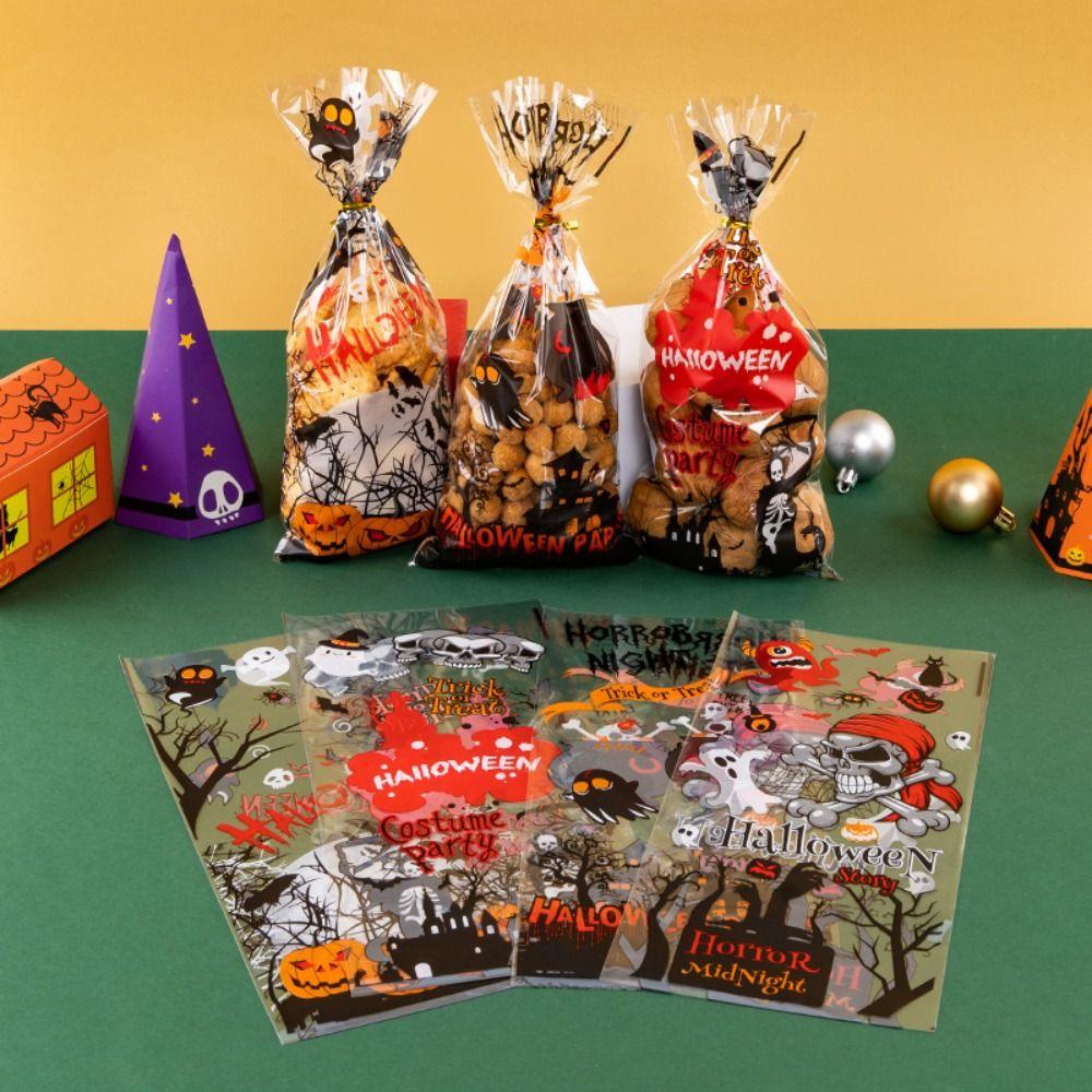 50pcs Trick or Treat Halloween Candy Bags Transparent Cellophane Pack Gift Bags  Kids Party Favors