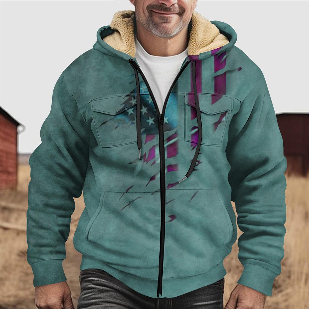 Мужская зимняя флисовая толстовка с капюшоном на молнии с накладным карманом, повседневная куртка