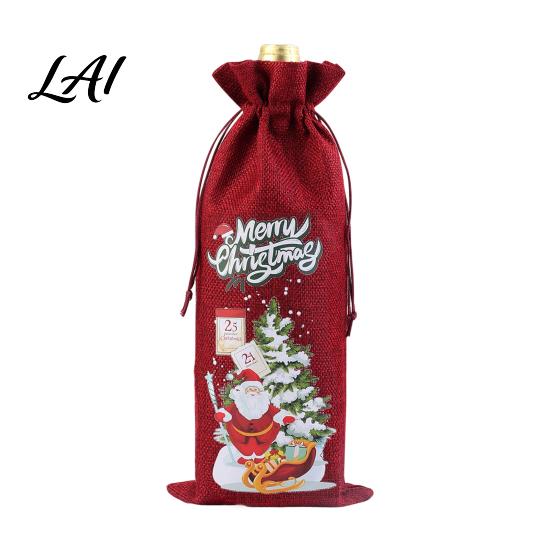 Imitation Linen Wine Pouches Christmas Bottle Bag Vintage Drawstring Sleeve Reusable Faux Holiday Party Packaging Cover Clothes for New Year Wedding