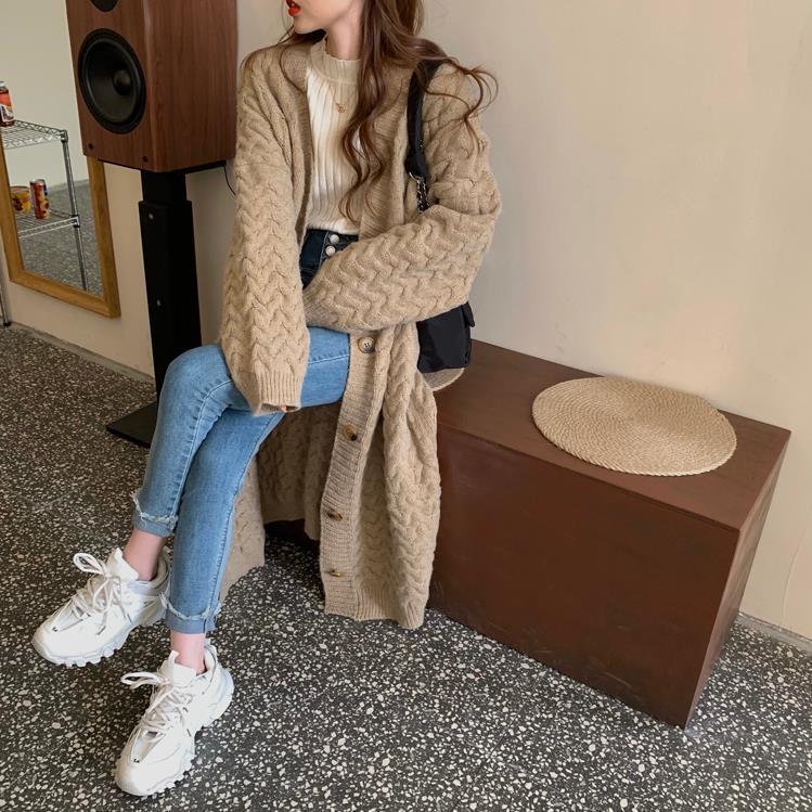 Женский кардиган свитер крупной вязки в корейском стиле до колена - Осень/Зима, Универсальный, Свободный крой, Толстый