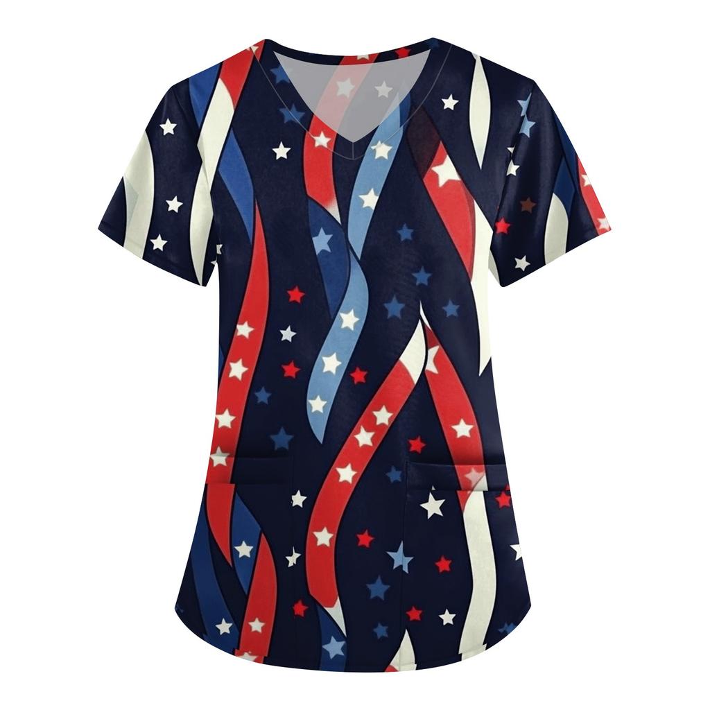 Women's Fashion V-neck Short-sleeved Work Dress With Pockets Independence Day Printed Top Carer Suit