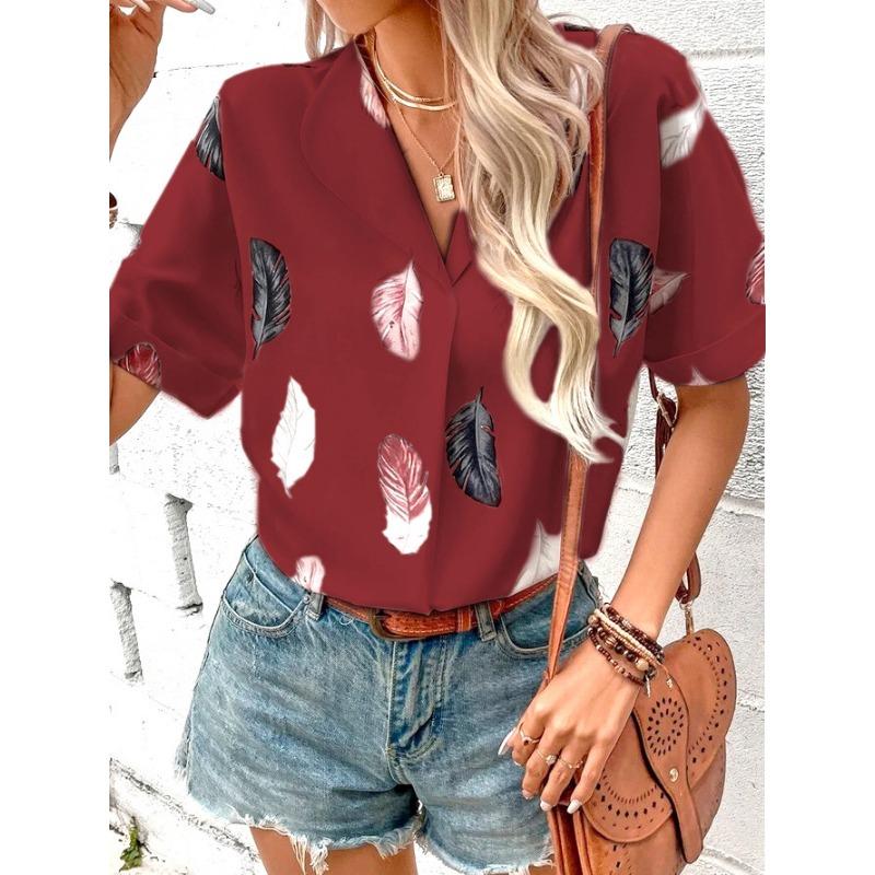 Women's Fashion Casual Summer Spring Feather Print Short Sleeve POLO Neck Blouses & Shirts