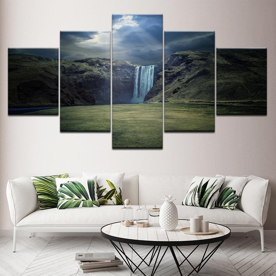 A mountain with waterfall landscape 5 Piece Wall Art Canvas Print modern Poster Modular art painting for Living Room Home Decor