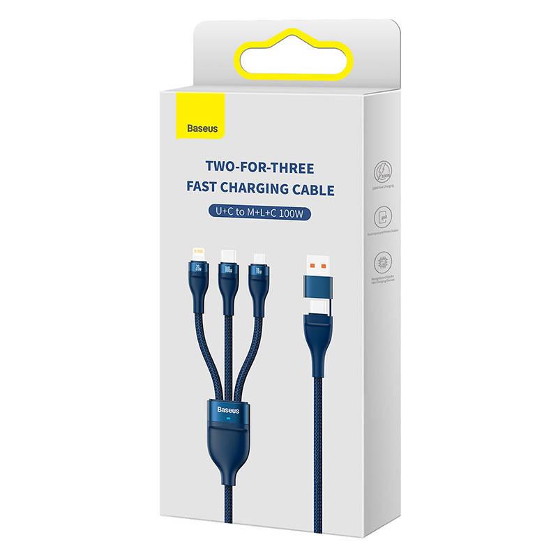 Kabel Usb 3W1 Baseus Flash Series 2, Usb-C + Micro Usb + Lightning, 100W, 1.2M (Niebieski)