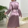 Satin Lace Sleepwear Set Luxury Long Sleeve Robe Cooling Nightgown Sexy Loungewear Bathrobe Women Elegant Home Dress