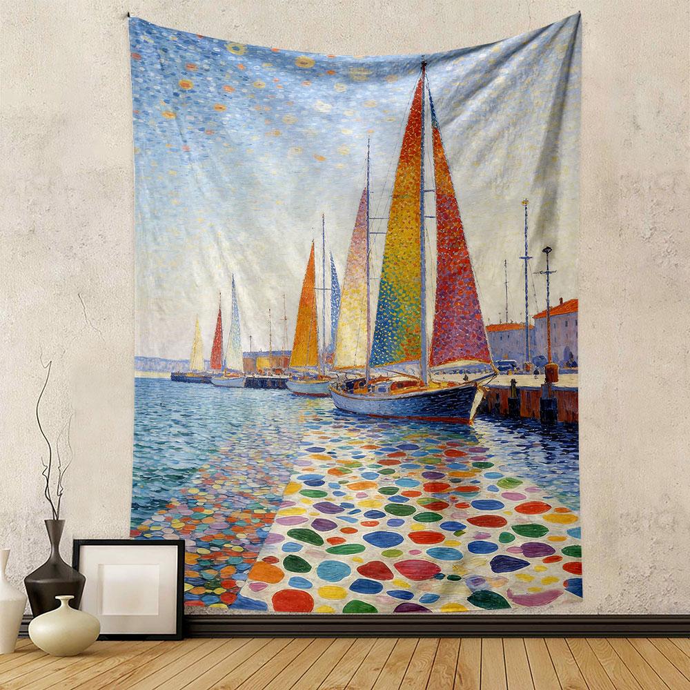 Colorful Sailboats at a Vibrant Dock Patterned tapestry home decor, suitable for bedroom and living room, gift