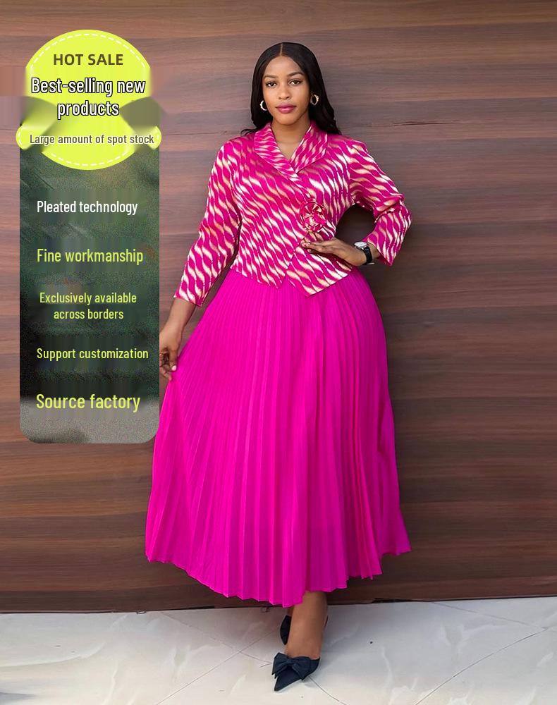 Женское платье большого размера с плиссировкой и принтом золотой фольгой высокого класса, с длинной юбкой, имитирующей двойку - Повседневный стиль