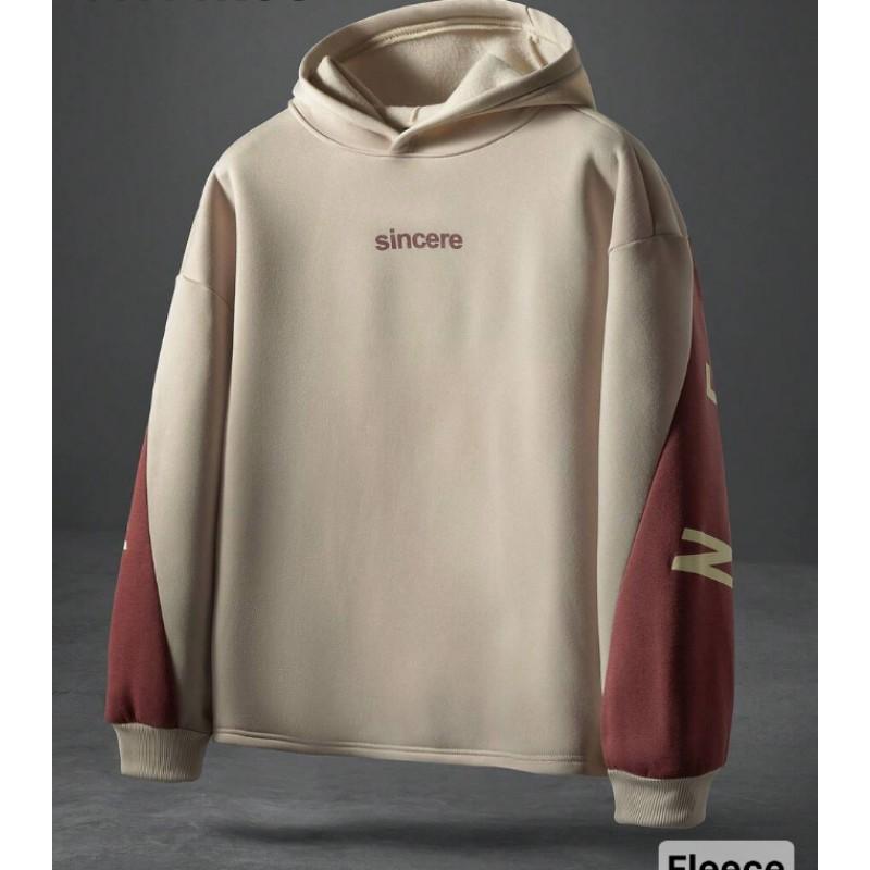 Mens Color Block Hooded Sweatshirt Sincere Letter Print Loose Fleece Lined Streetwear Teens