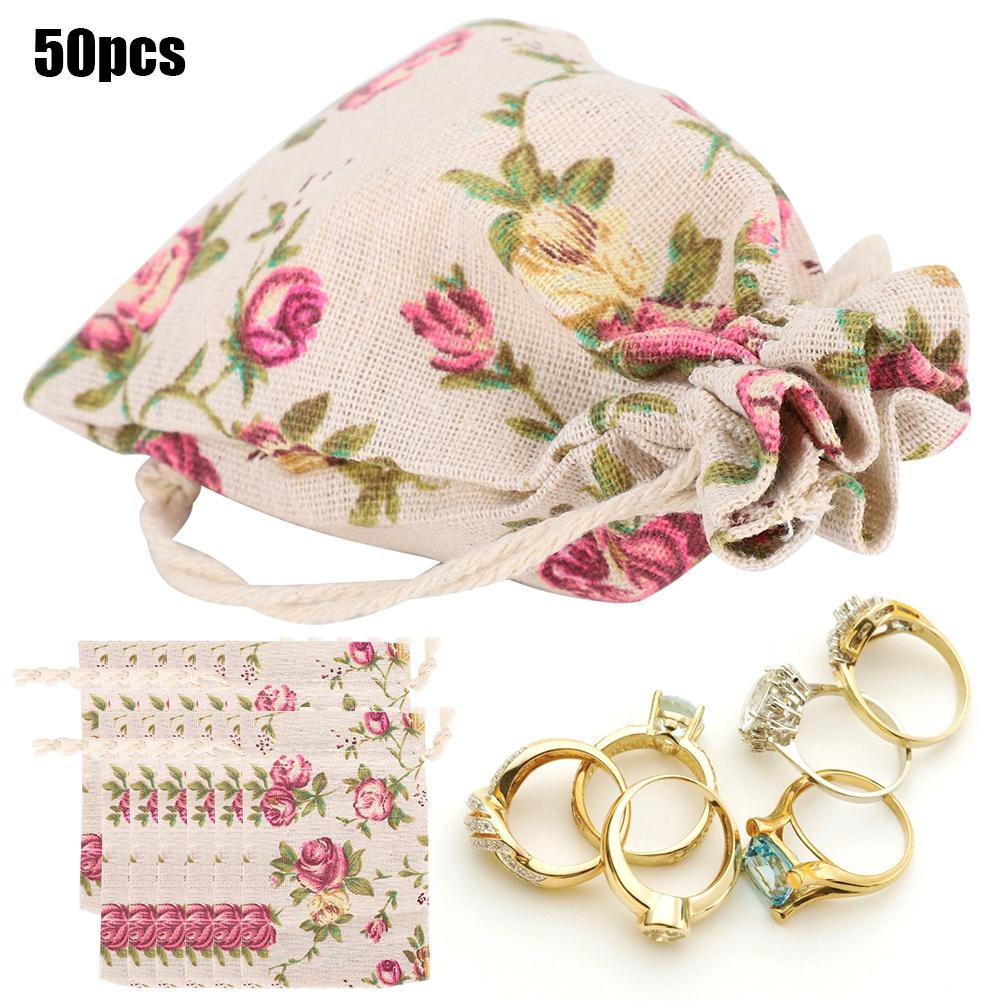 50PCs Burlap Bag Drawstring Flower‑Pattern Jewelry Packing Christmas Day Wedding Party