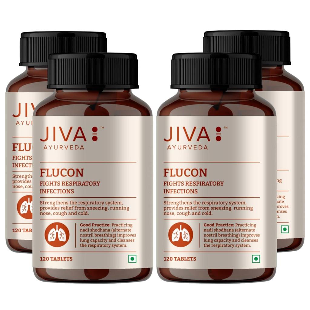 Jiva Flucon 500mg Ayurvedic Tablets for Respiratory Strength and Cold Relief 120 Tablet (Pack of 4)