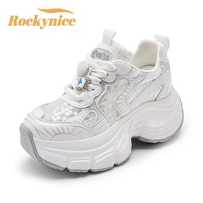 8.5СМ Воздушная сетка Полые Кроссовки на массивной подошве из синтетической кожи Блестящая спортивная обувь для отдыха Высокая платформа Танкетки Дышащая летняя обувь