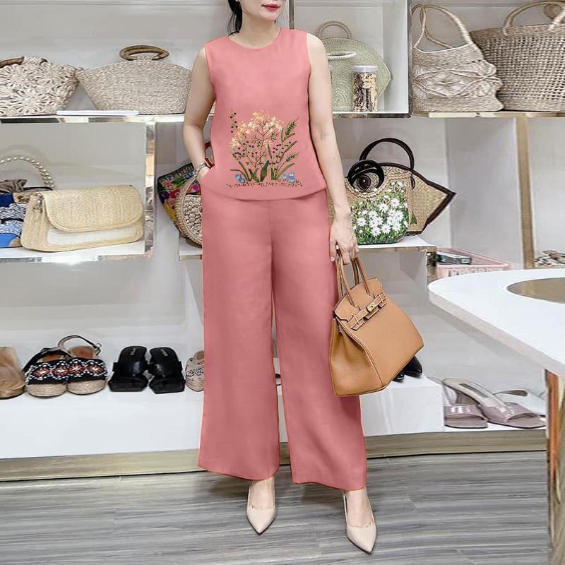 ZANZEA Womens Print Tank Tops and Pants Casual Two Piece Suit Sets