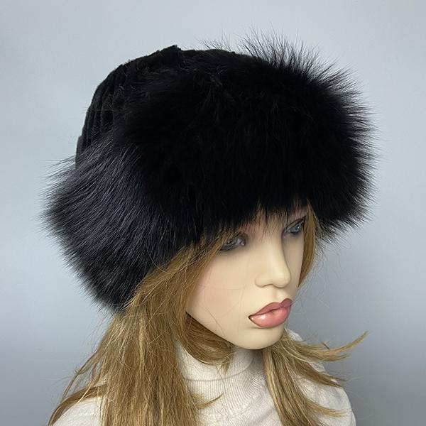 Женская пушистая шапка из лисьего меха - мягкая вязаная зимняя шапка-бини с подкладкой из кроличьего флиса, стильная меховая шапка из натурального меха