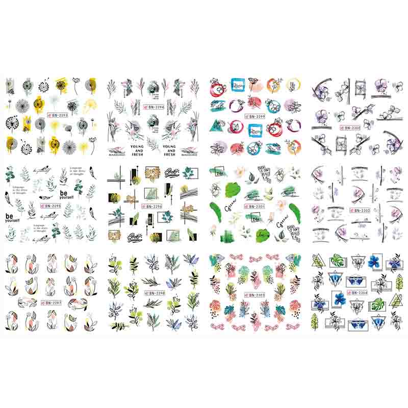 Наклейки для дизайна ногтей в 12 стилях с абстрактными, цветочными и геометрическими рисунками