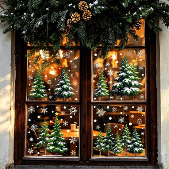 Christmas Glass Decal 2Pcs Snowflake Window Clings, Winter Green Pine Tree Static Easy Apply Sticker Stickers, Snow Dots Xmas Decals for Home