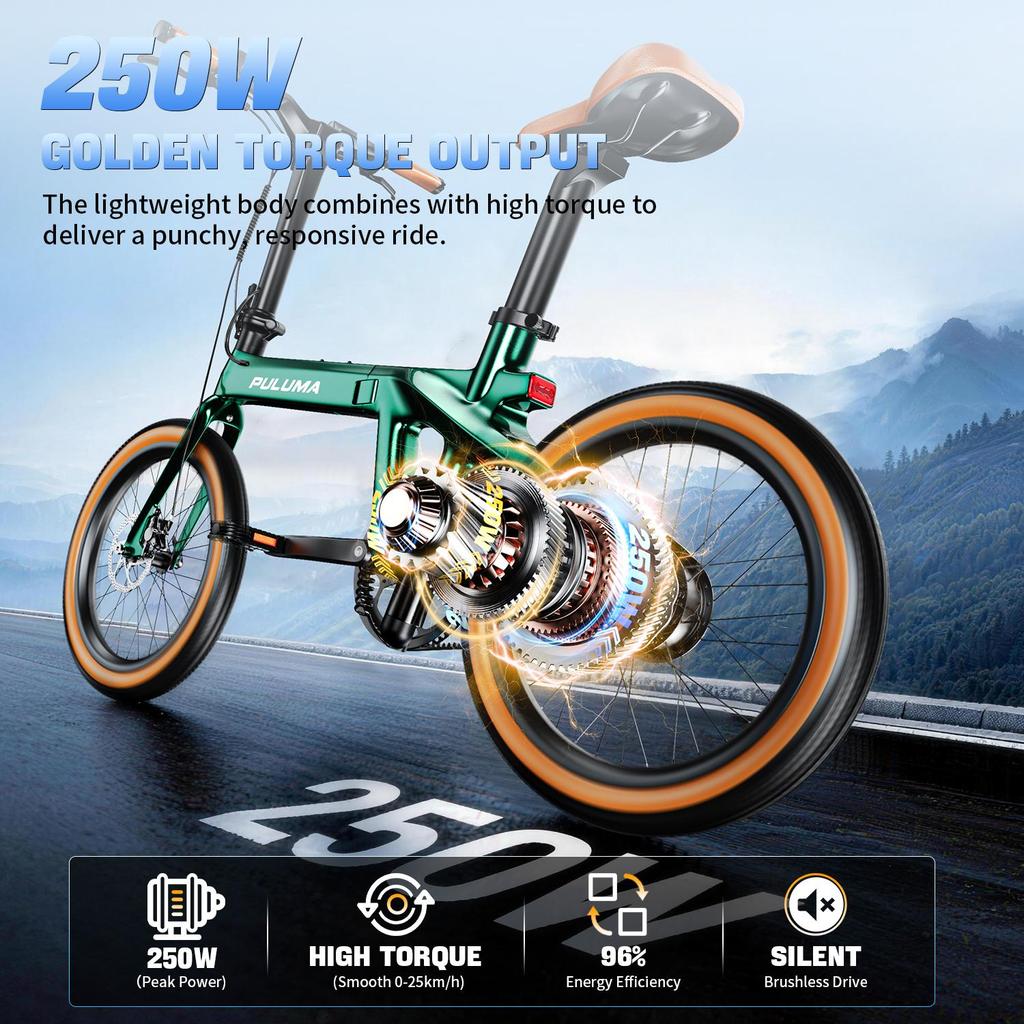 PULUMA PT20, a foldable carbon fibre e-bike, weighing just 14.2 kg – lightweight and portable, ideal for everyday journeys around town.