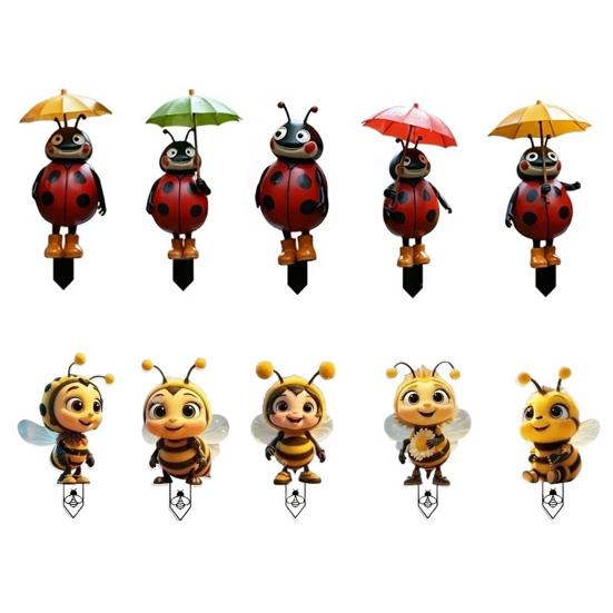 5Pcs/Set Garden Insect Stakes 2D Acrylic Decorative Bee Sign with Stake Planter Insert Ladybug Sign for Potted Plants Patio Yard Balcony