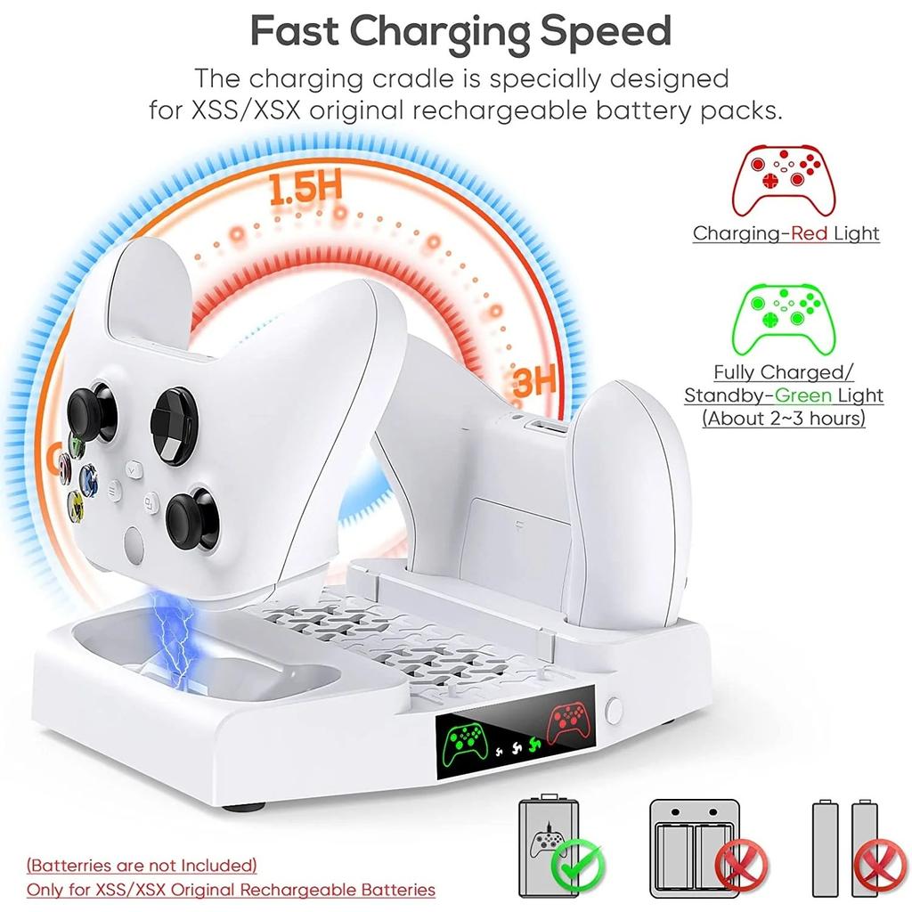 Охлаждающая подставка и зарядная станция для Xbox Series S с RGB-подсветкой, быстрой зарядкой с 2 аккумуляторами емкостью 1400 мАч, креплением для наушников