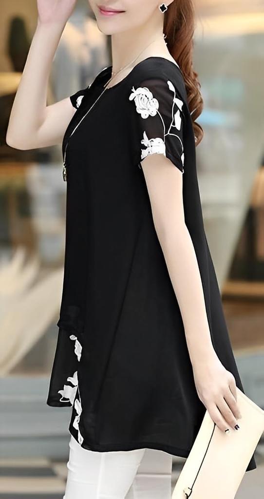 Simple Layered Floral Tunic Layered Short Sleeve Ruffle Top Tiered Cuff Sleeve Chiffon Flounce Ruffle Straight Flower Hanagara Embroidery Russell Lace