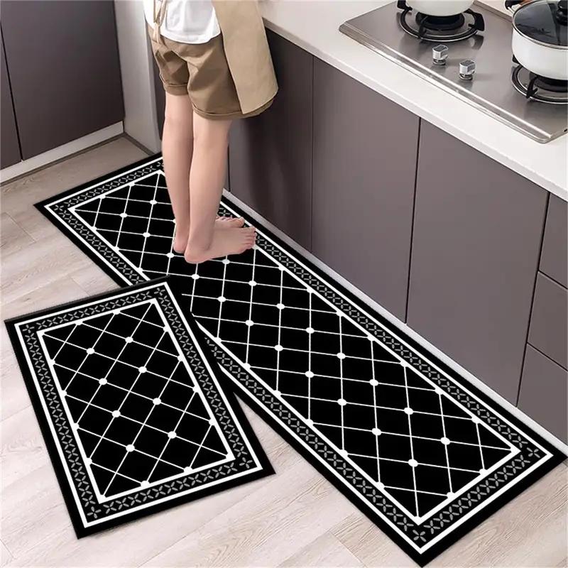 2 Pcs Kitchen Rug Set Non-Slip Oil Proof Washable Black White Diamond Print Floor Mats for Kitchen Sink Laundry Room