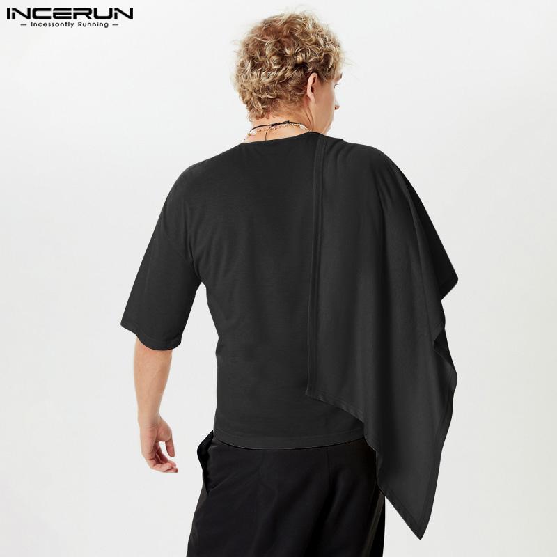 INCERUN Мужские нестандартные топы с рюшами, повседневные однотонные футболки из ткани