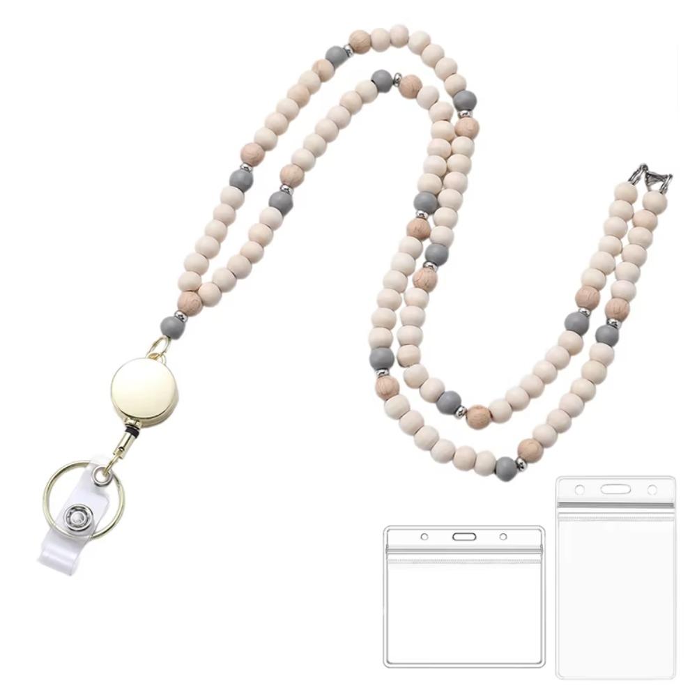 Выдвижной держатель для бейджа на шнурке, застежка из нержавеющей стали, бусина из натурального дерева, бохо-брелок-ожерелье с 2 держателями для карт