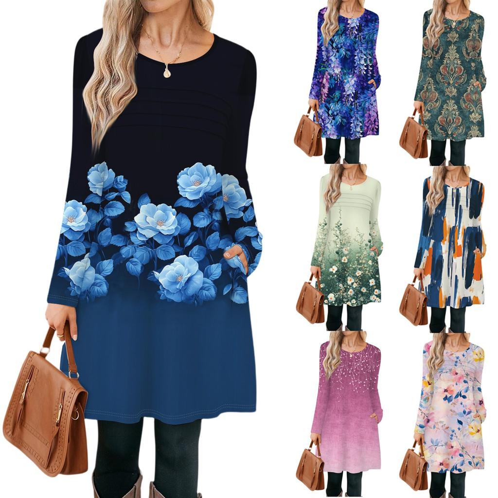 Женские повседневные модные платья с длинным рукавом, с графическим принтом, винтажные, с карманами