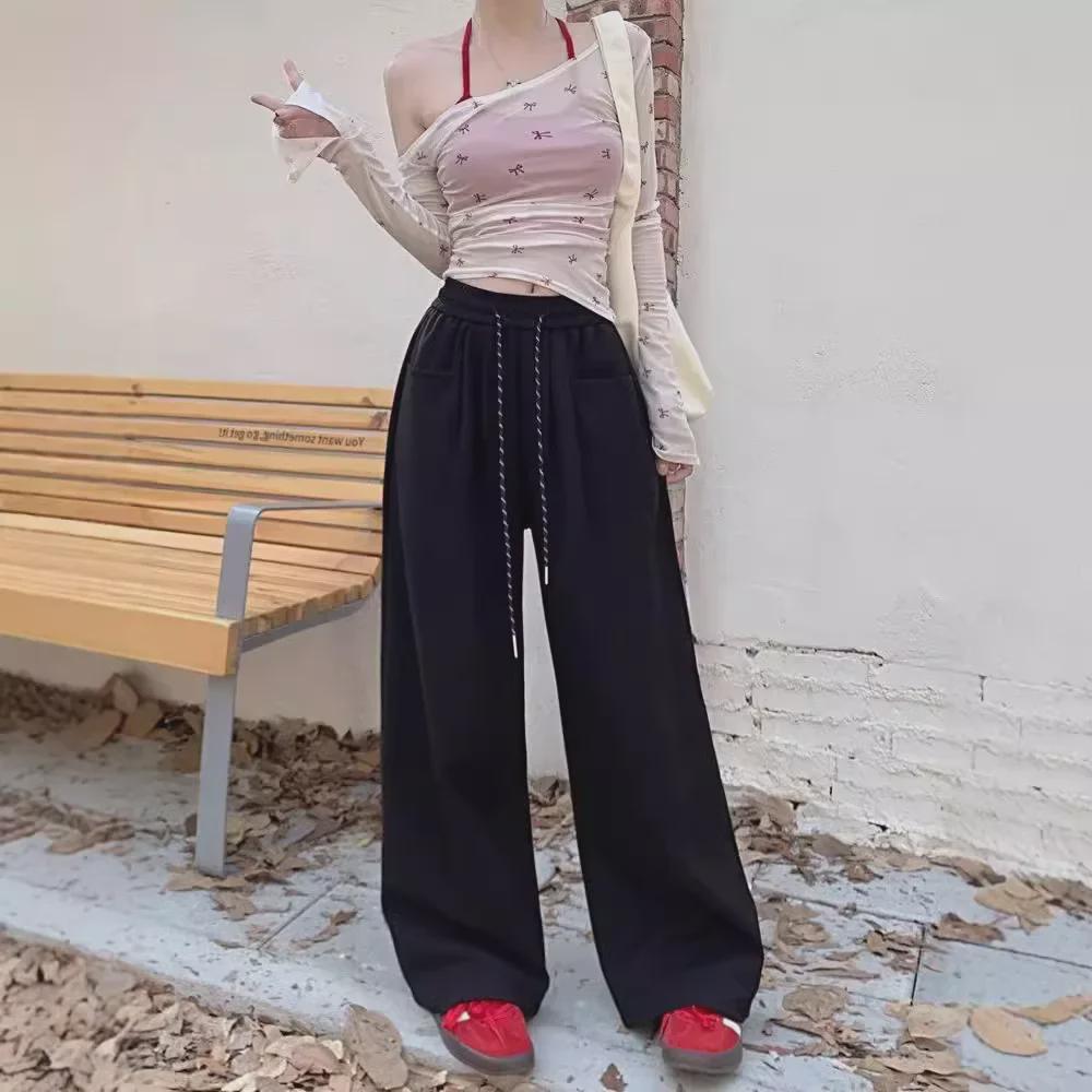 Широкие брюки с высокой талией и завязками на талии — женские повседневные спортивные брюки на осень 2024 года