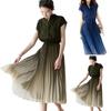 Stand Collar V-neck Flying Sleeve Elastic Waist Drawstring Summer Dress Gradient Color Pleated