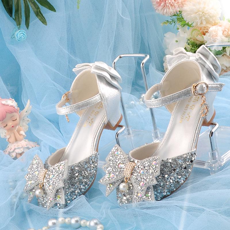 New Arrival: Girls' Crystal Bow High Heels - Shiny Princess Shoes for Piano Performances, Leather Material