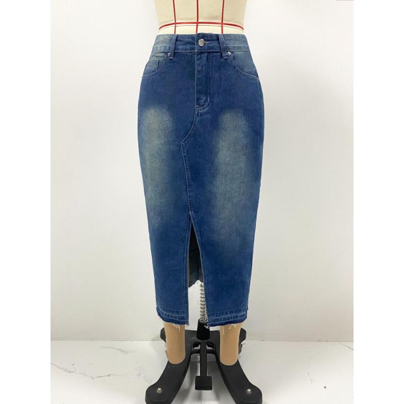 Женская ретро-мода с высокой талией, открытая джинсовая юбка, узкая юбка до бедер, юбка средней длины, облегающая юбка