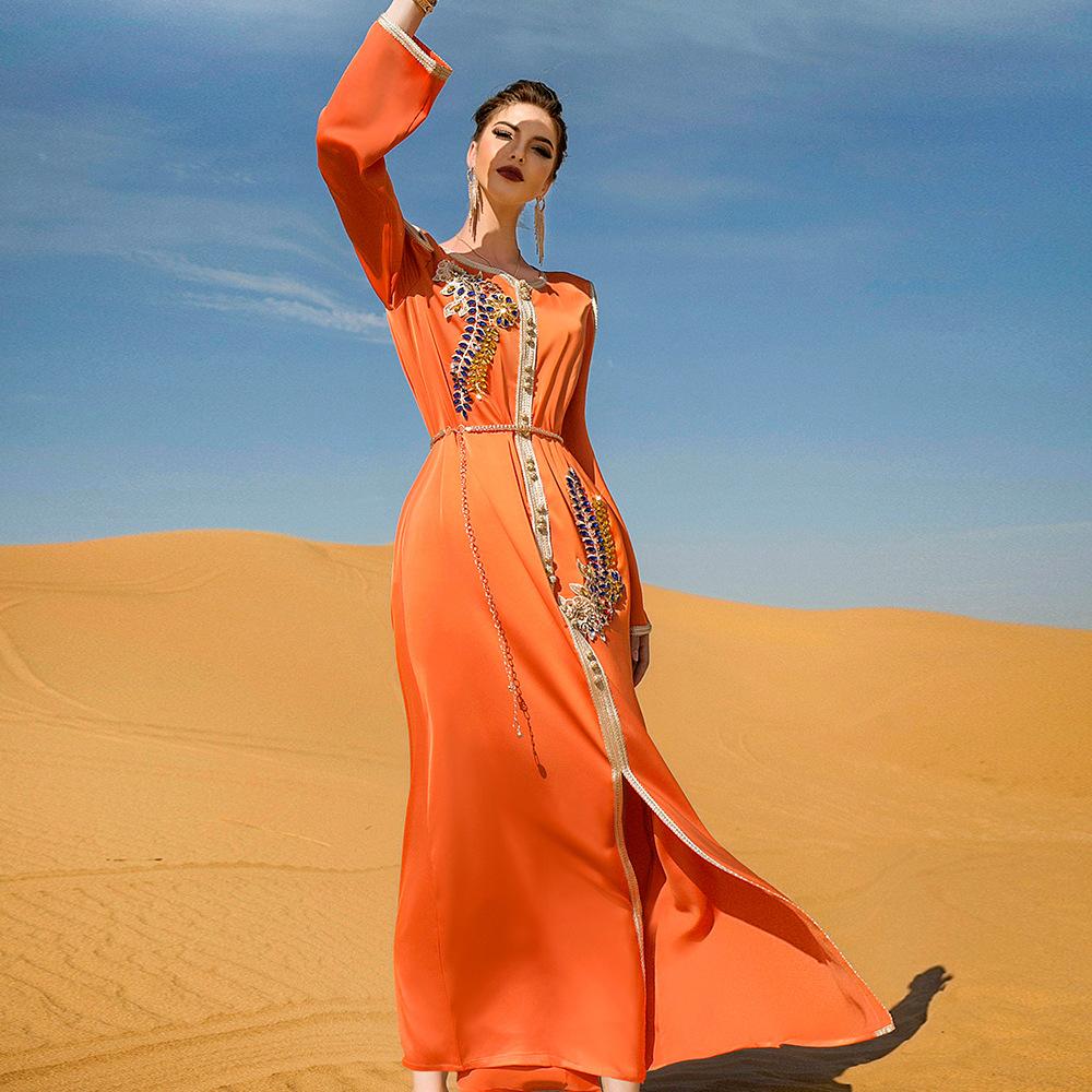 Muslim Women's Orange Handmade Rhinestone Long Dress with Belt Robe Ramadan
