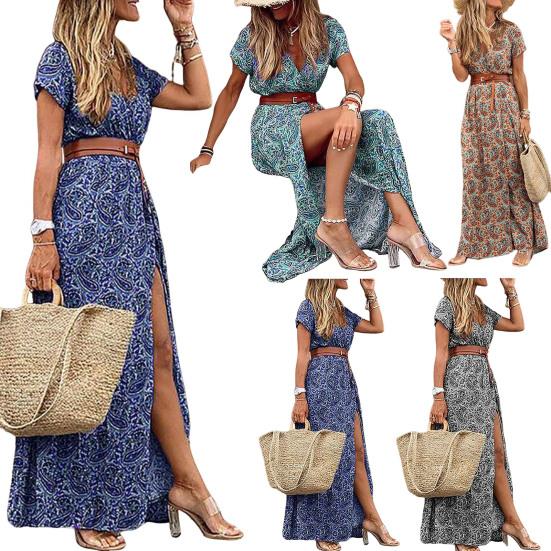 Летнее платье для отпуска с поясом, V-образным вырезом, короткими рукавами, узкой талией, пляжным макси-платьем с цветочным принтом и разрезом по низу, платье в стиле бохо