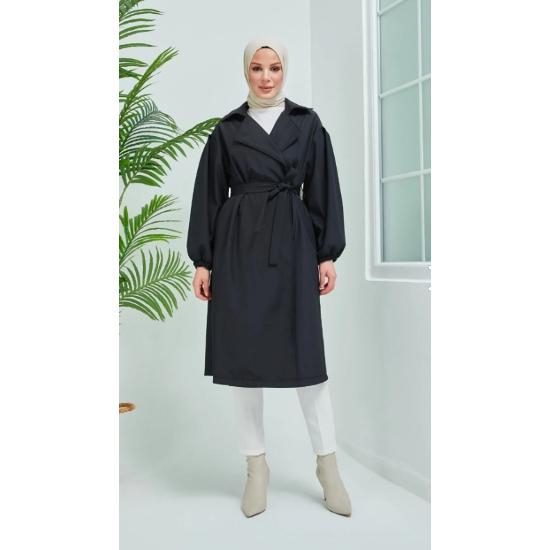 Waist Tied Black Balloon Sleeve Trench Coat Standard Size