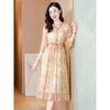 Summer silk dress V-neck temperament elegant intellectual mulberry silk dress printed lace-up skirt