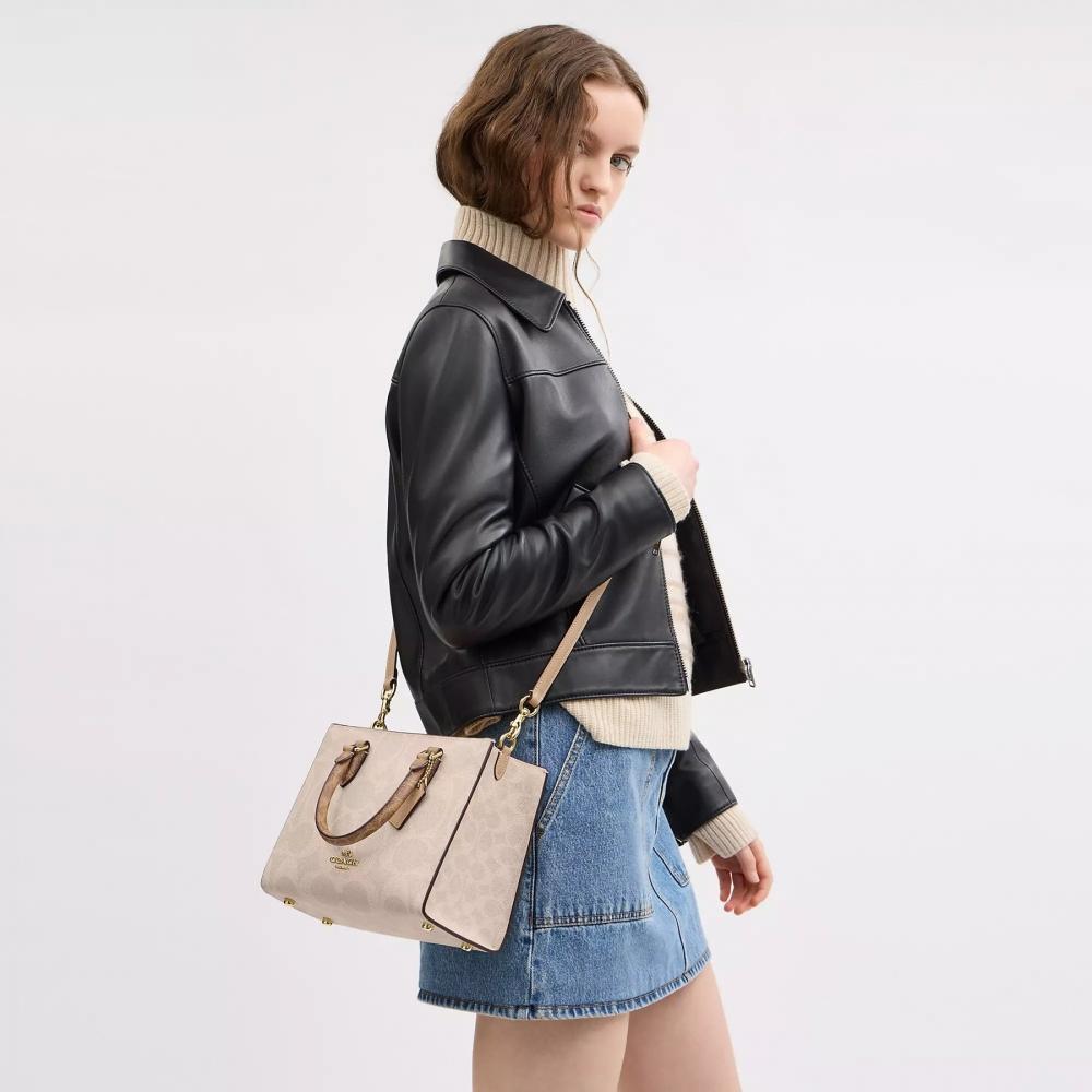 Coach Maggie Small Tote Bag In Blocked Signature Canvas Gold Walnut Tan