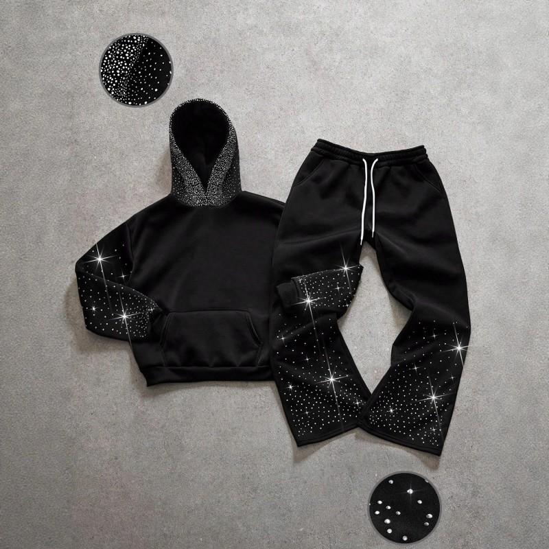 Gothic Hip Hop Streetwear Y2K Rhinestone Hoodie Pants Set Casual Tracksuit Teens Youth