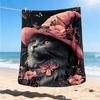 1pc Cat Hat Floral Throw Blanket Polyester Fiber, Lightweight Flannel, Soft & Warm, All Season Use for Outdoor, Camping Digital Print