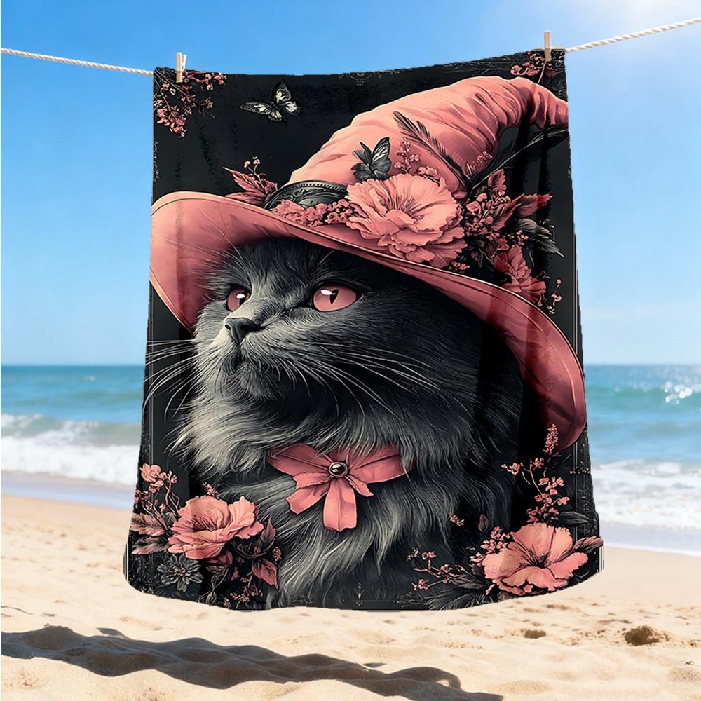1pc Cat Hat Floral Throw Blanket Polyester Fiber, Lightweight Flannel, Soft & Warm, All Season Use for Outdoor, Camping Digital Print