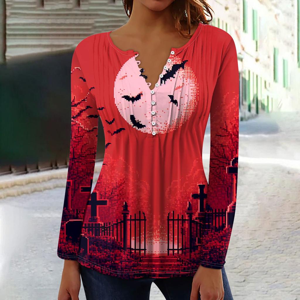 Женский топ с длинными рукавами и плиссированным воротником на пуговицах с принтом Хэллоуина, весна-осень