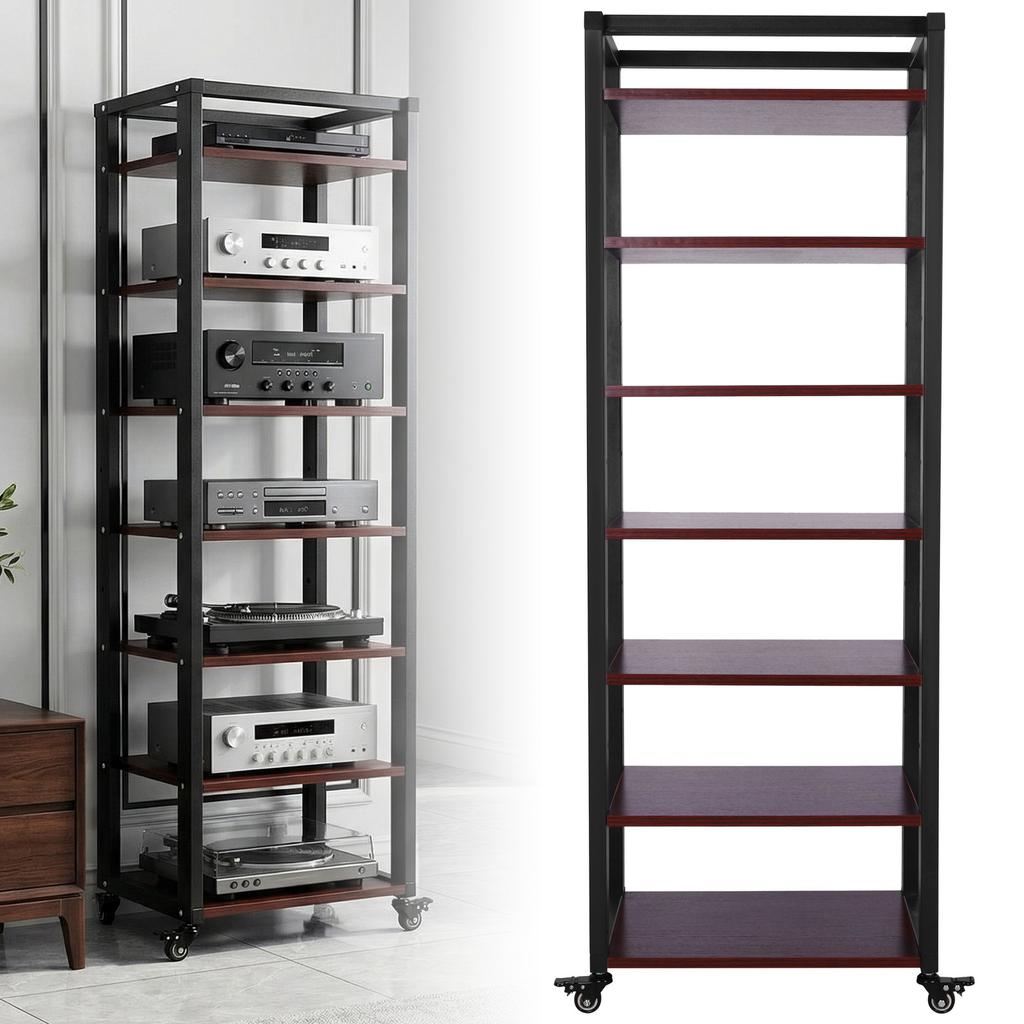 Stereo Cabinet Shelf Rack Tower Height Adjustable Shelves Audio-Video Shelving Unit with Wheels for Living Room Bedroom Office