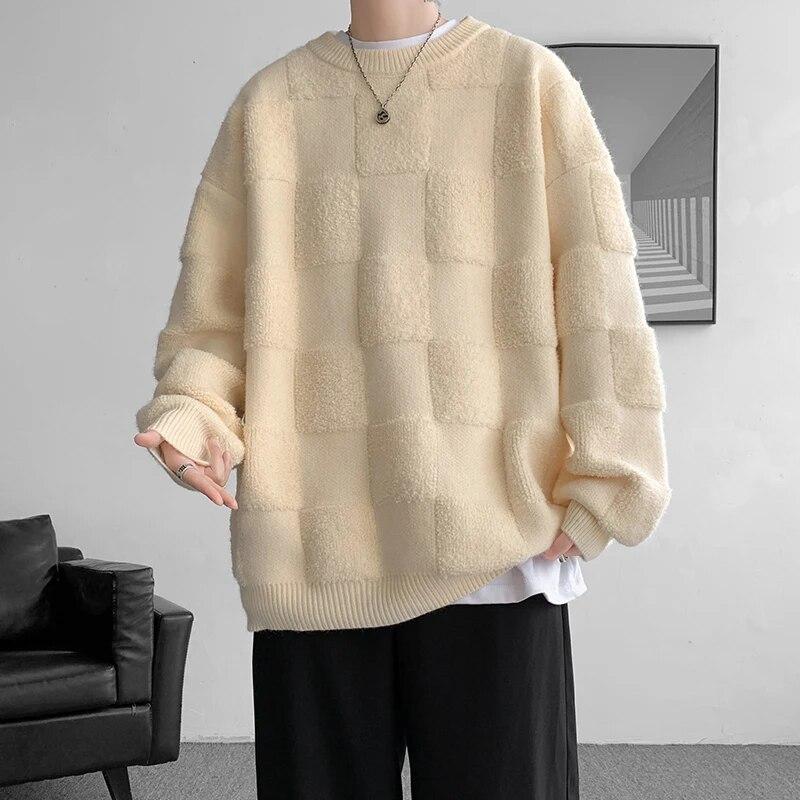 American Style Towel Check Design Fashion Sweater Coat Men's Fall Winter Casual Loose Pullover Unisex Sweater Streetwear