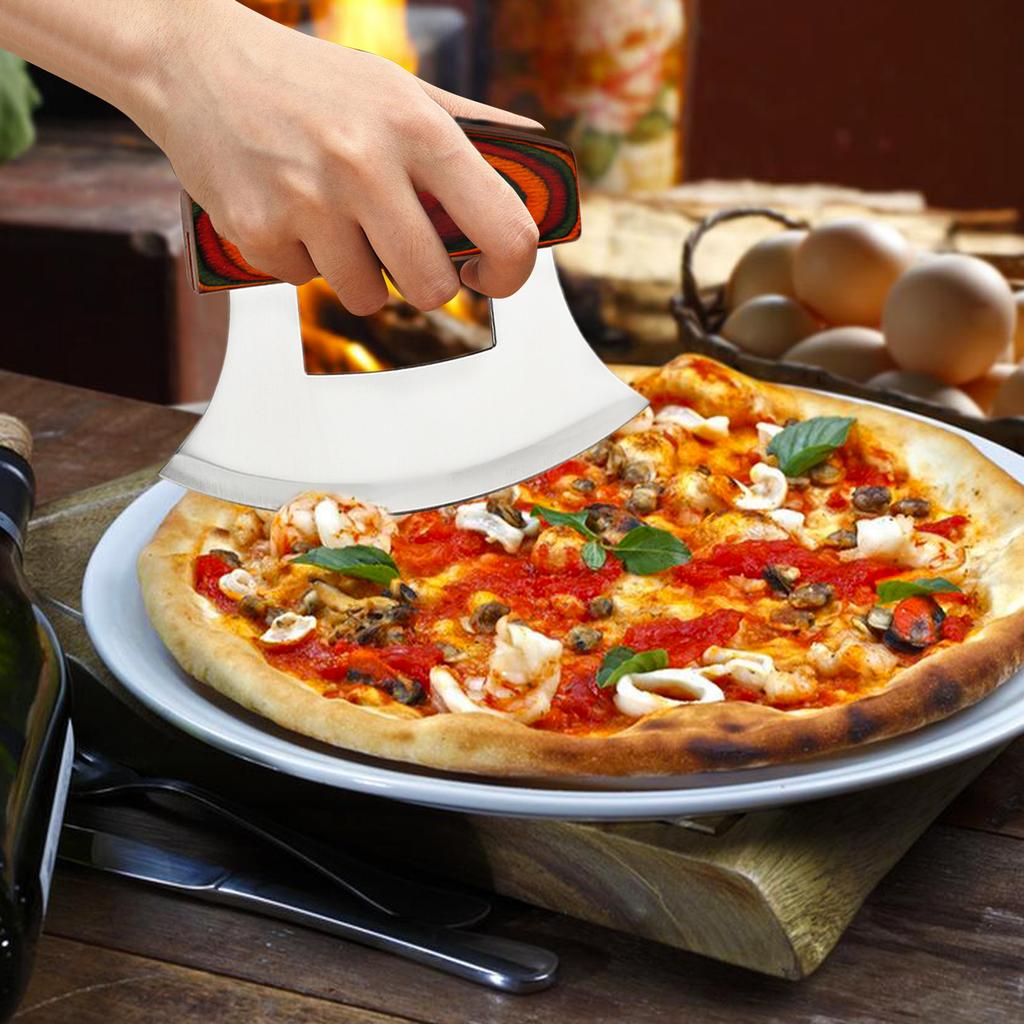 Mezzaluna Cutter Wood Grip Rocker Slicer Ergonomic Anti-Slip Handle Stainless Steel Alaskan Ulu Cutter With Wooden Stand For