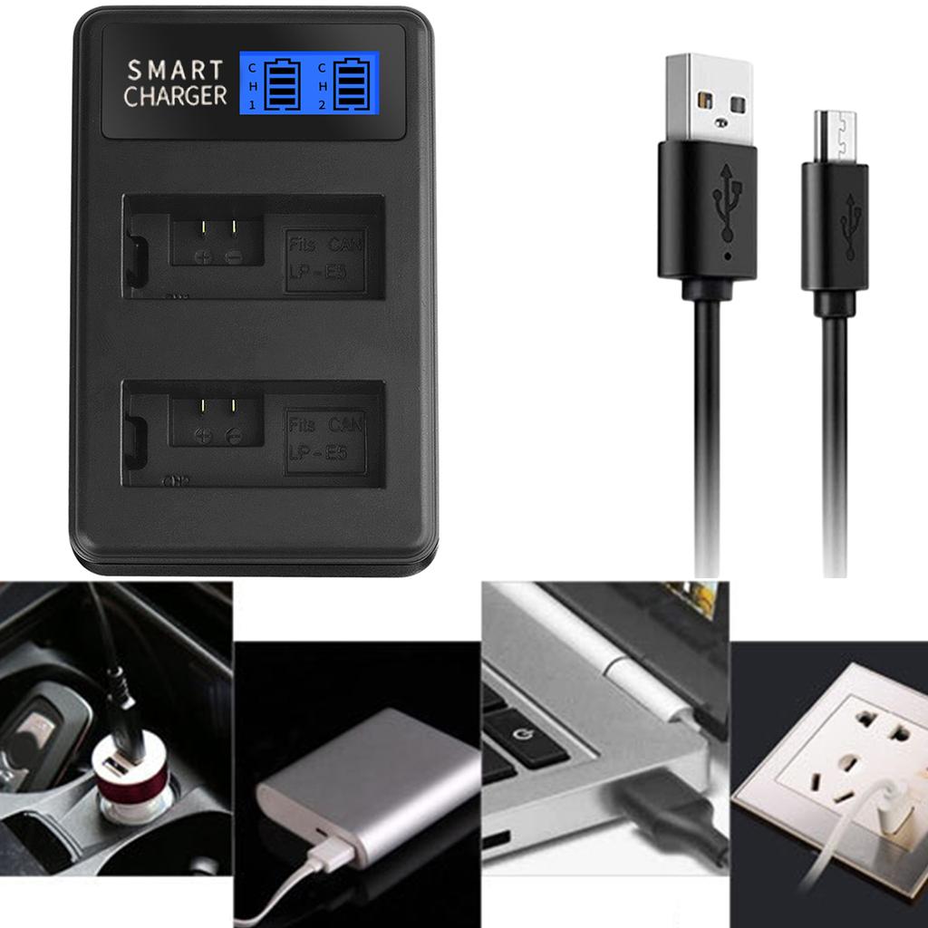 LP-E5 LPE5 LP E5 Dual USB Battery Charger with LCD Screen Replacement for EOS Rebel XS Rebel T1i Rebel XSi