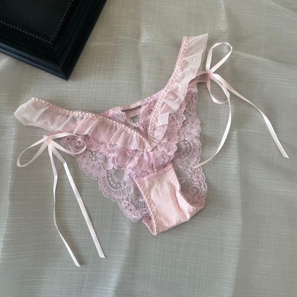 Bow Ribbon Lace Flower Transparent Briefs Mesh Female Lingerie Ruffle Floral Bowknot Panties Girl