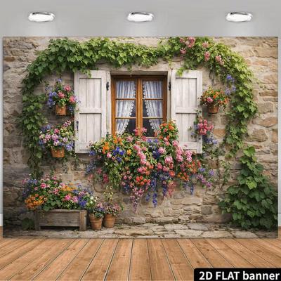 2D Винтажный каменный дом с цветочными ящиками и фоном из плюща Фотофон